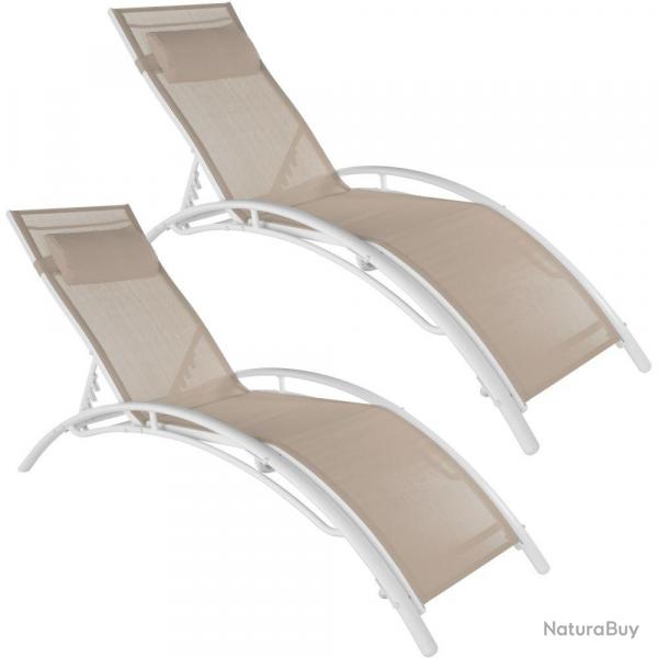 Lot de 2 transats bain de soleil avec coussin de tte beige 2208194