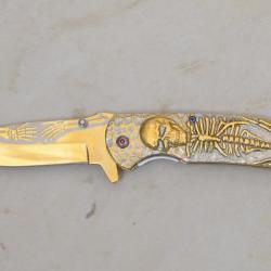 Couteau pliant Doré Squelette  lame de 10 cm