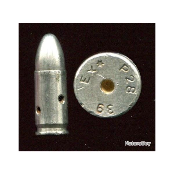 9 mm Parabellum Allemagne 1939 - inerte de manipulation nickele -  marquage - Ex*  P28 39 - 4 trous
