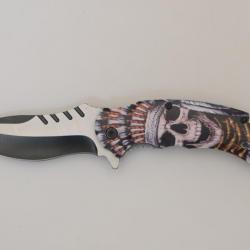 Couteau pliant décoré Tête de mort indien  lame de 9 cm