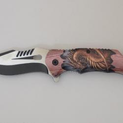 Couteau pliant bois décoré  dragon  lame de 9 cm
