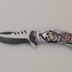 Couteau pliant décoré Skull bouquet de rose  lame de 9 cm