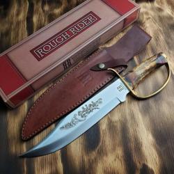 Couteau Bowie Rough Rider D Guard Lame Acier 440 Manche Os Etui Cuir RR1943