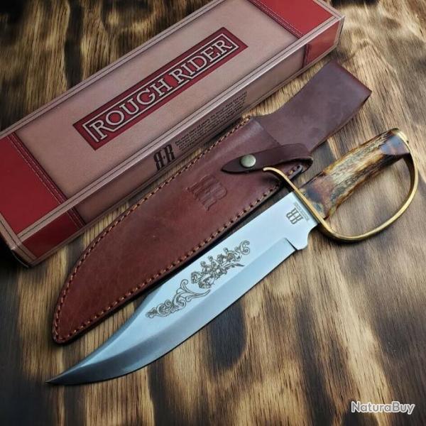 Couteau Bowie Rough Rider D Guard Lame Acier 440 Manche Os Etui Cuir RR1943