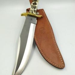 Beau couteau Bowie Cerf Manche en os de cerf empilé Etui en Cuir  FWT19407