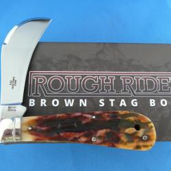 Couteau Serpette Rough Rider Hawkbill Brown Stag Lame Acier 440 Manche Os RR1797