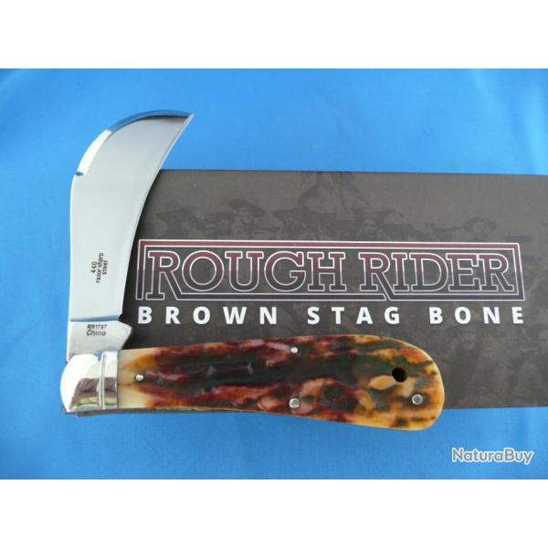 Couteau Serpette Rough Rider Hawkbill Brown Stag Lame Acier 440 Manche Os RR1797