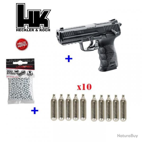 Pack Pistolet HK HK45 4.5mm (.177) bb BK Co2 Fixe 3J + 1500 x Billes acier + 5 x Spareclettes Co2