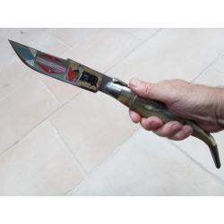 Grand couteau Espagnol, lame gravée et peinte, tauromachie. (41,5cm).
