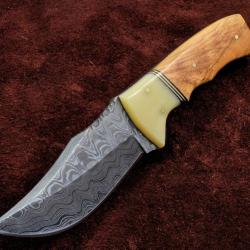 Couteau Damas Hunter Wood and Bone Handle 256 Couches Manche Bois/Os Etui Cuir DM1079