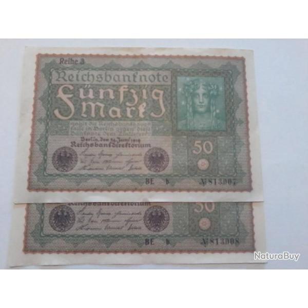 lot de 2 billets 50 marck de 1919 avec les 2 N de serie qui ce suivent N813007 et N813008
