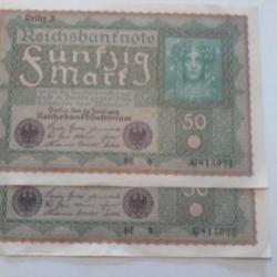 lot de 2 billets 50 marck de 1919 avec les 2 N° de serie qui ce suivent N°813021 et N°813022
