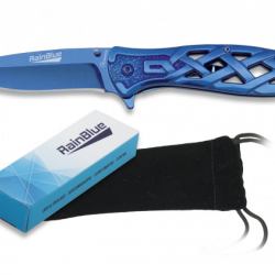 Couteau pliant de poche lame de 8.6 cm  « RainBlue » manche perfolié couleur bleu