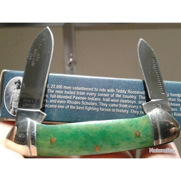 RR057 Couteau Rough Rider Mini Canoe Green Bone 2 Lames Acier 440 Manche Os