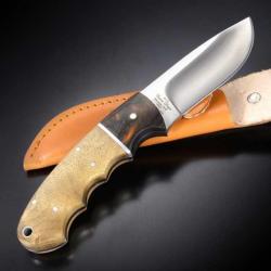 Couteau de Chasse Elk Ridge Hunter Lame Acier Carbone/Inox Manche 2 Bois Etui Cuir ER128