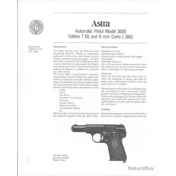 notice pistolet ASTRA 3000 (envoi par mail) 7.65 et 9 court 380 - VENDU PAR JEPERCUTE (m223)