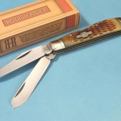 RR1069 Couteau Rough Rider Lockback Trapper Amber Bone Manche Os 2 Lames Acier 440