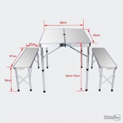++PN-Table de Pique-Nique en aluminium avec deux bancs argentés 90x66x70 cm NANCY // CAMPING NEUF