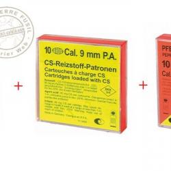 Lot de cartouches pour pistolet d'alarme 9mm - 20 cart. à blanc + 10 cart. gaz CS + 10 cart. gaz poi