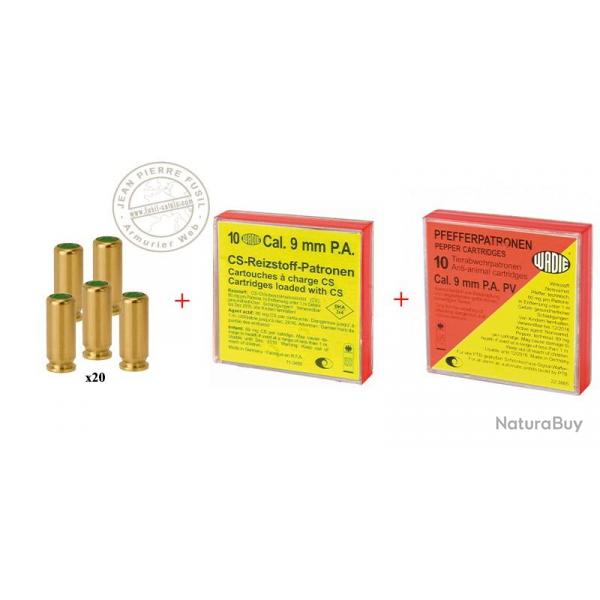 Lot de cartouches pour pistolet d'alarme 9mm - 20 cart.  blanc + 10 cart. gaz CS + 10 cart. gaz poi