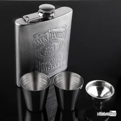 Flasque à Alcool En Acier Inoxydable Noir Gravé - Set Avec Entonnoir Et Gobelets