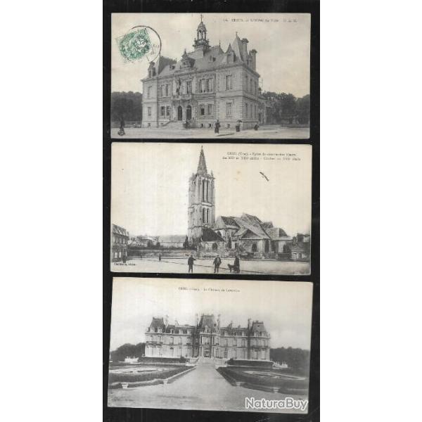 creil cartes postales anciennes lot de 6 cpa , glise , hotel de ville, chateau de laversine