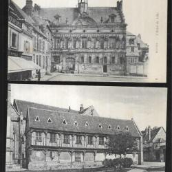 noyon oise cartes postales anciennes lot de 2 cpa , hotel de ville maison du XVe siècle , commerces
