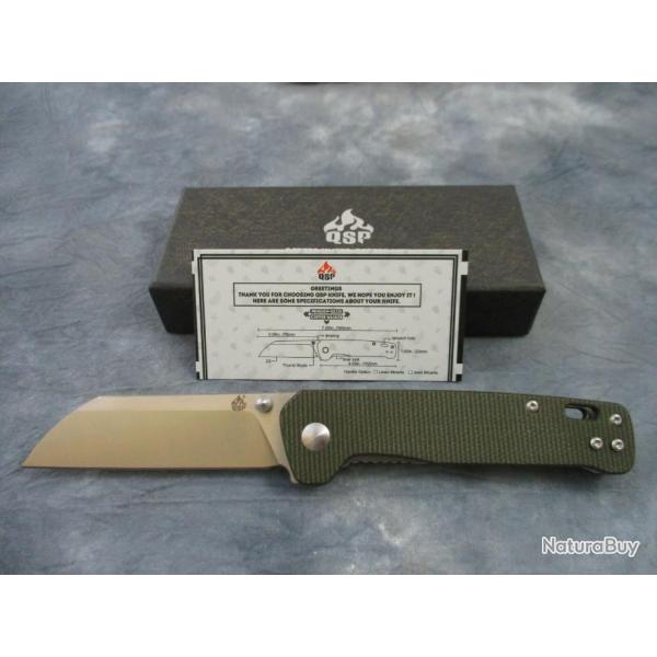 Couteau QSP Knife Penguin Olive Green Micarta Lame Acier D2 Linerlock Clip QS130C