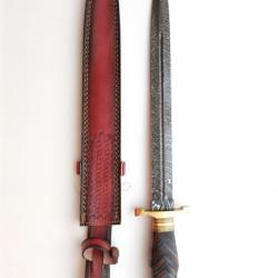 Épée en bois tressé Lame DAMAS Manche en Bois d'Olivier et Noyer avec Etui en Cuir DM501907