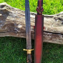 Épée en bois tressé Lame DAMAS Manche en Bois d'Olivier et Noyer avec Etui en Cuir DM5019071