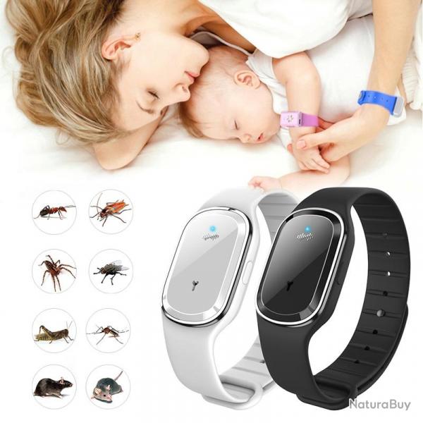 Bracelet LED Ultrasons Anti Moustiques Insectes, Couleur: Blanc