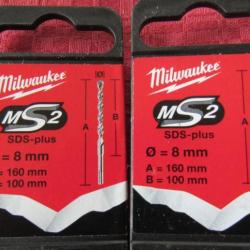 M&egrave;che &agrave; b&eacute;ton Milwaukee 8 et 6 x160 SDS plus, lot de 2 pi&egrave;ces.