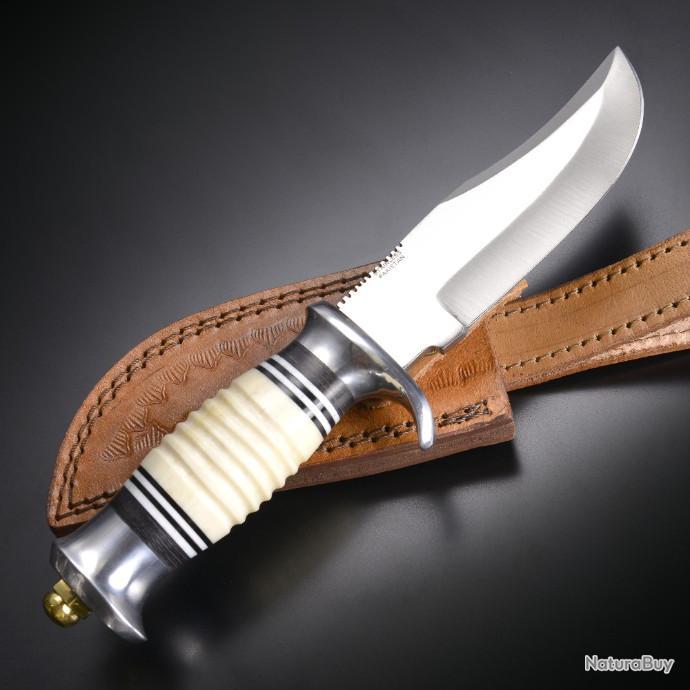 Couteau de chasse décor Cerf avec Etui Cuir cousus bnois clair lame de