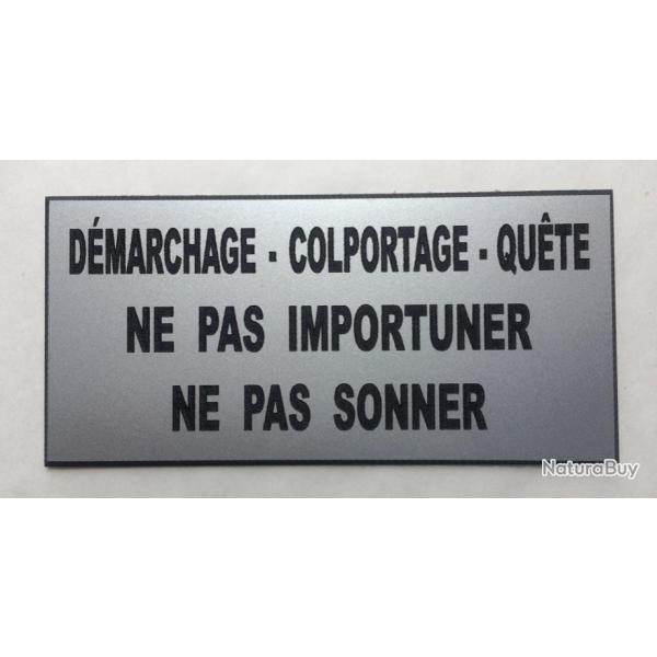 Plaque argente "DMARCHAGE-COLPORTAGE-QUTE NE PAS IMPORTUNER-NE PAS SONNER" format 48 x 100 mm