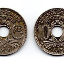 Lot de 2 monnaies 10 centimes Lindauer (maillechort avec points avant et après la date) 1938 et 1939