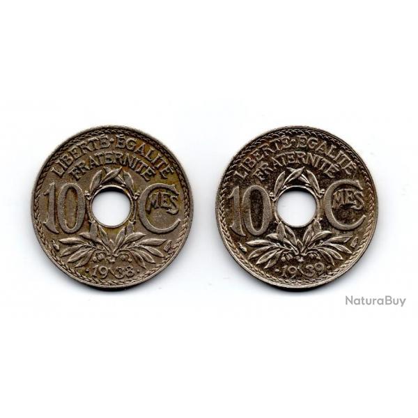 Lot de 2 monnaies 10 centimes Lindauer (maillechort avec points avant et aprs la date) 1938 et 1939