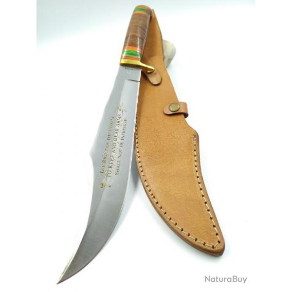 Poignard Bowie  2e amendement  Manche en Cuir et Pakkawood  Etui en Cuir