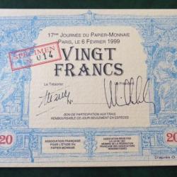 BILLET FACTICE ENTREE 17E JOURNEE DU PAPIER MONNAIE 1999