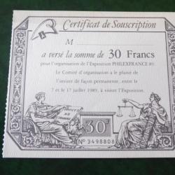 ASSIGNAT FACTICE DE 30 F ENTREE PHILEXFRANCE 1989