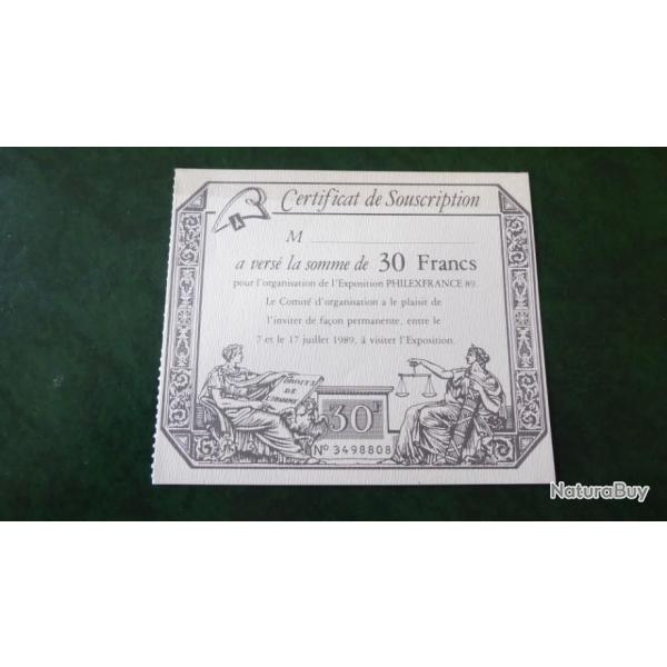 ASSIGNAT FACTICE DE 30 F ENTREE PHILEXFRANCE 1989