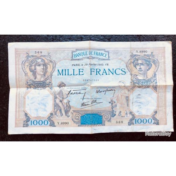 Billet de 1000 francs Crs et Mercure 1940 - port gratuit.