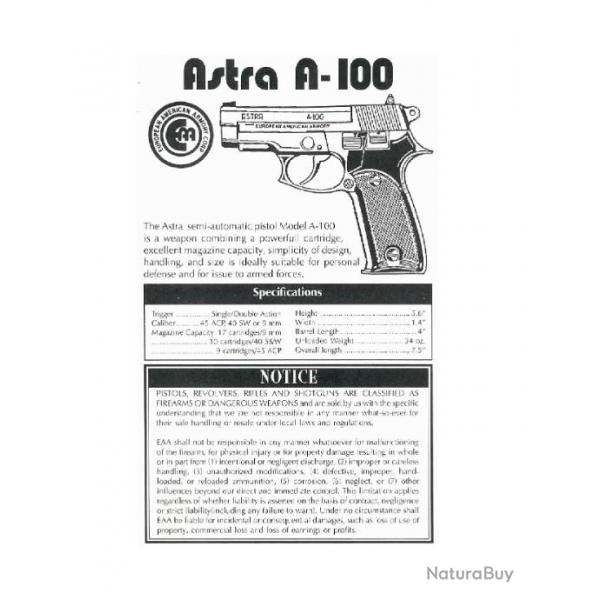 notice pistolet ASTRA A 100 A100 (envoi par mail) - VENDU PAR JEPERCUTE (m373)