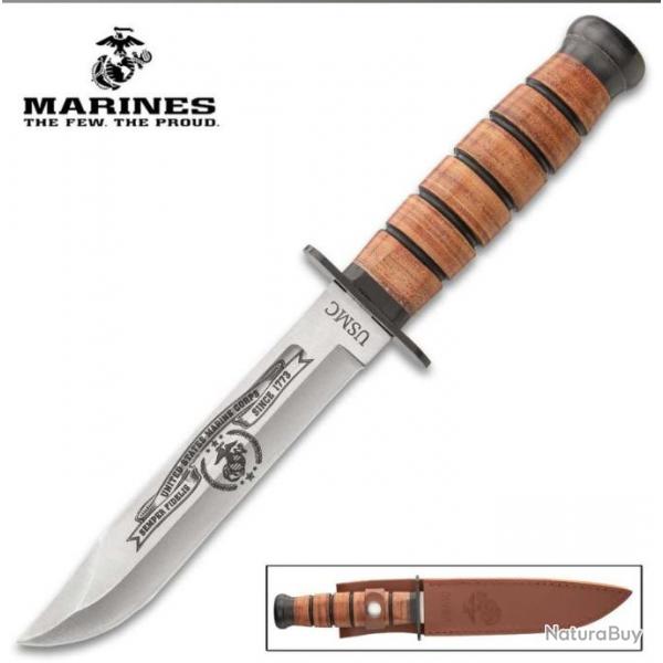 Couteau Marines USMC Combat Fighting Lame Acier Inox Manche Cuir Etui Cuir UC3369