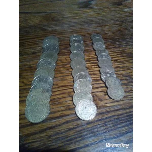 Lots de centimes de francs10 de 20 centimes10 de 10 centimes10 de 5 centimes
