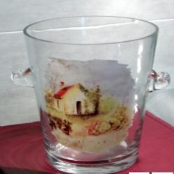 Seau a glace  en verre décoré  "  Maisonnette de vignes "