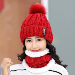 Ensemble 2 pièces: bonnet et tour de cou femme, tricot doublé polaire, rouge