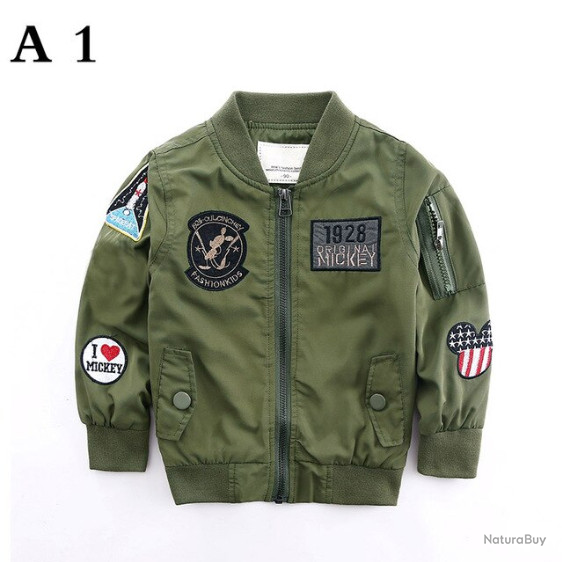 Veste Bomber Pilote Enfant CWU En Nylon - Taille 98 à 176, Couleur Olive, Style Militaire