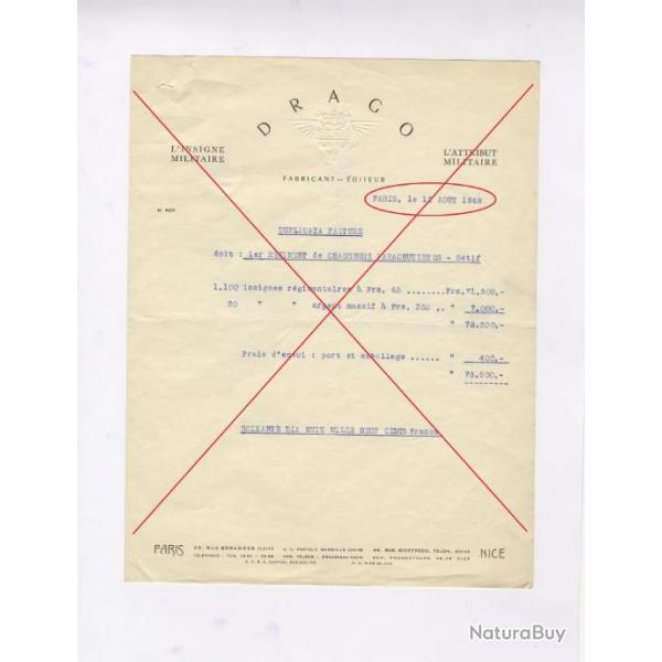 Rare document relatif  la 1re commande Insignes 1er RCP en 1948 Maison DRAGO