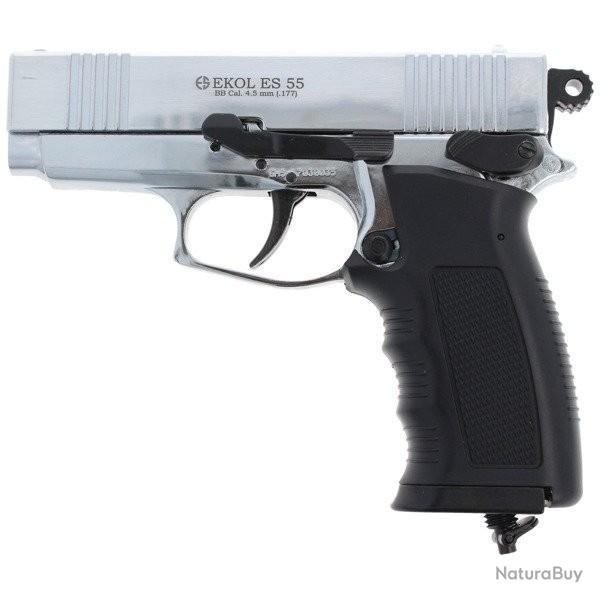 PROMO Pistolet EKOL ES55 CHROME 4.5mm C02 + 1500bbs + 2 capsules C02