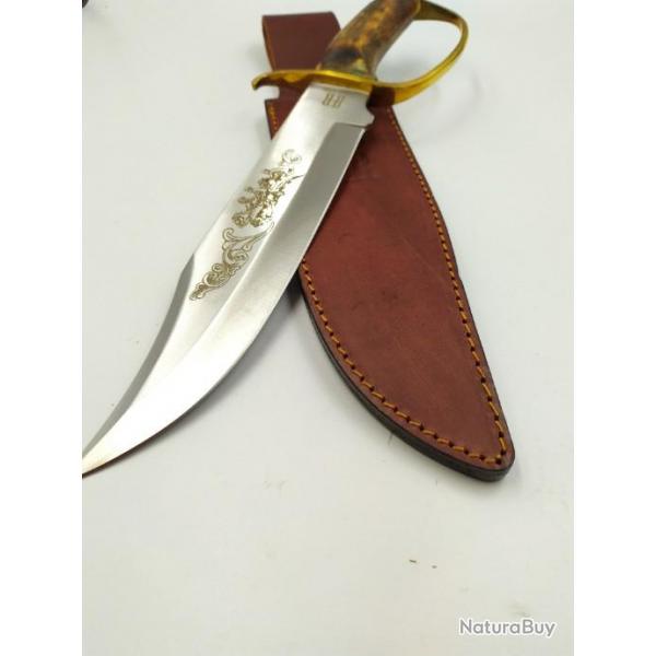 Couteau Bowie D Guard Gravure sur lame Manche en Os de CERF Etui en Cuir  RR1943071